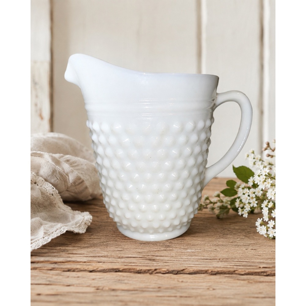 Vintage Anchor Hocking Milk Glass Hobnail Pitcher White 5.5" 1950s 1960s